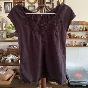 Brown lace short sleeve button top